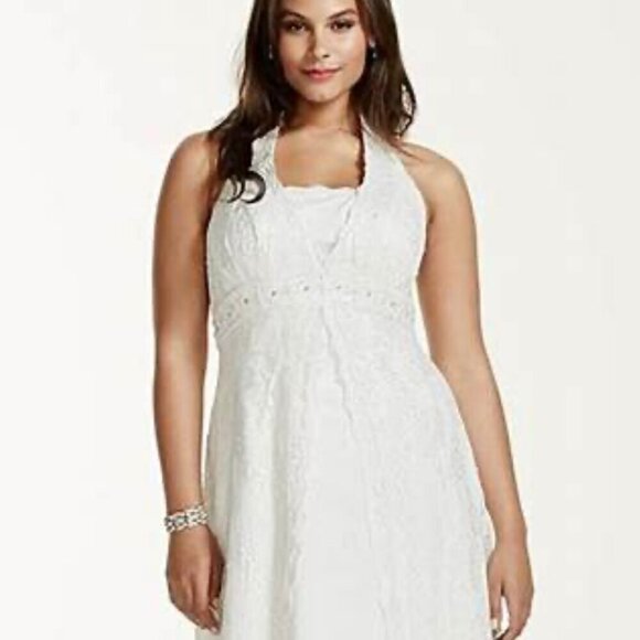 David's Bridal SZ 22 Ivory Lace Halter Cut Empire Waist Wedding Gown Romantic - Picture 2 of 13